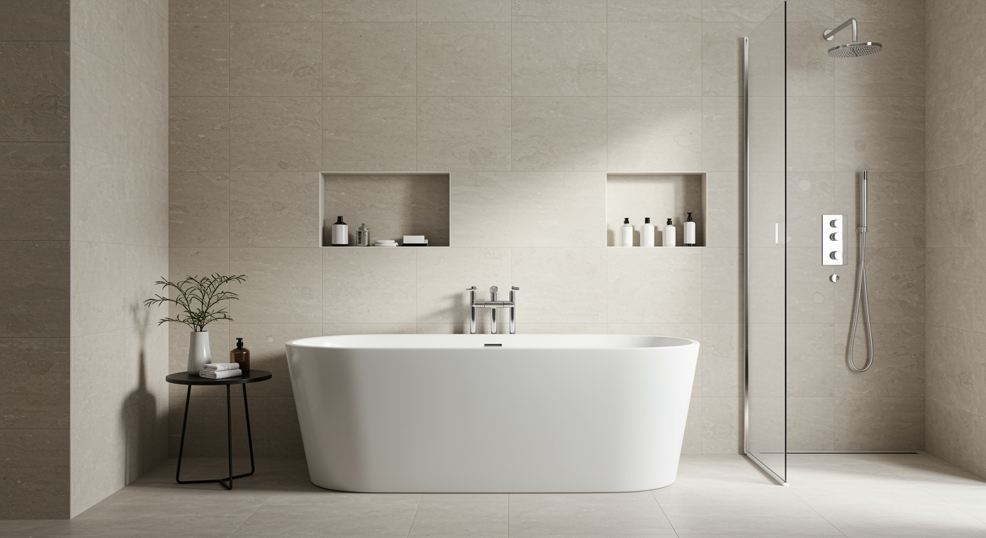Modern bathroom with pristine bathtub and chrome fixtures