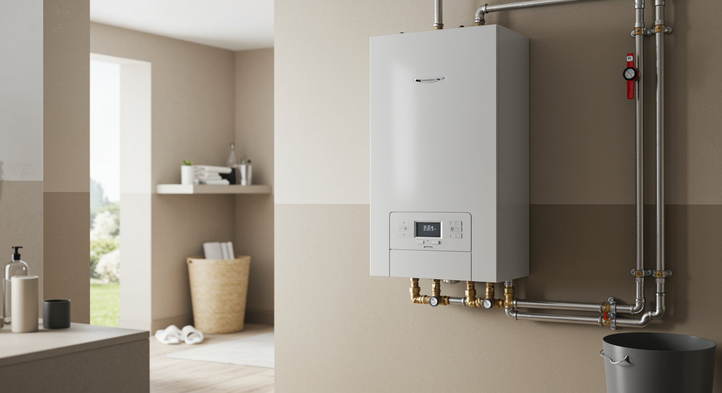 Spotless modern utility room showcasing a wall-mounted boiler with polished chrome piping and neutral decor, representing professional boiler services