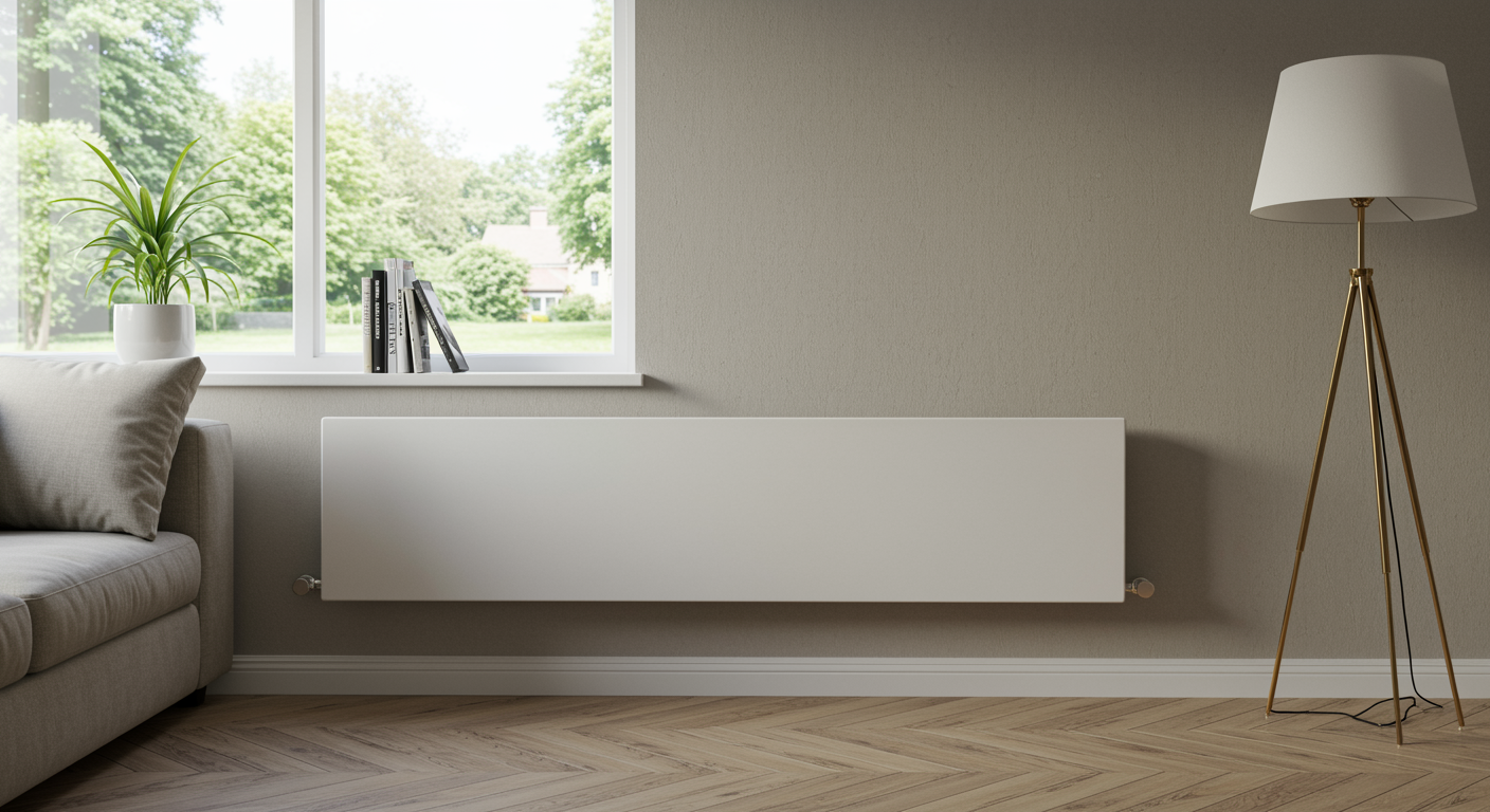 Contemporary living room featuring a stylish radiator installed under a window, showing the finished result of central heating services
